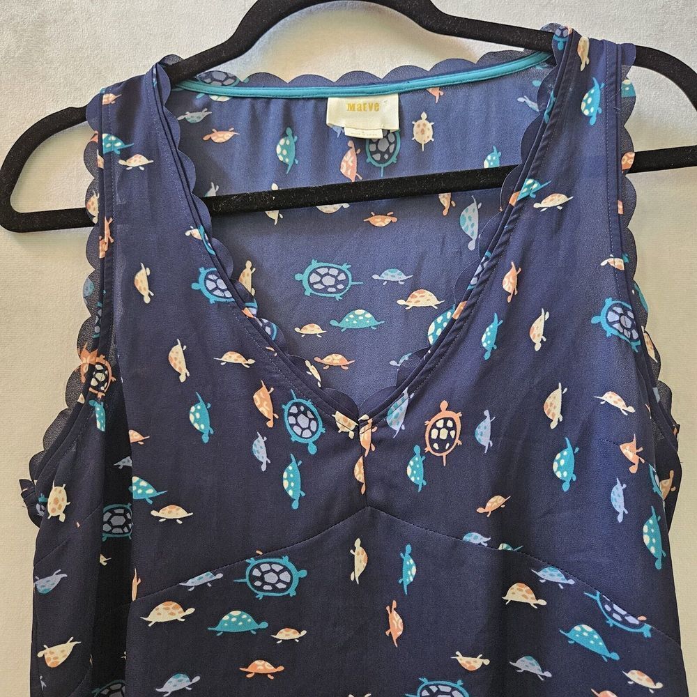 Anthropologie Maeve Womens Sz 4 Sheer Sleeveless Top Turtle‎ Terrapin Print Blue - Picture 2 of 10
